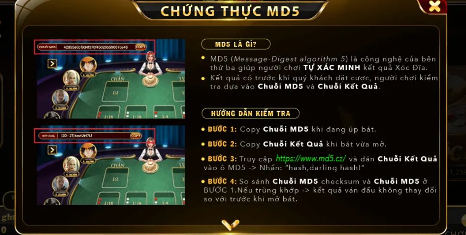 Chứng thực MD5 có tại Xóc Đĩa của Yo88